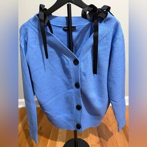 Blue Cardigan with Black Ribbon Accents